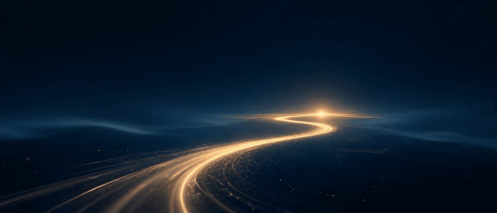A glowing golden pathway curves toward a distant sunrise on a deep navy horizon — the Skillucate cinematic closer.