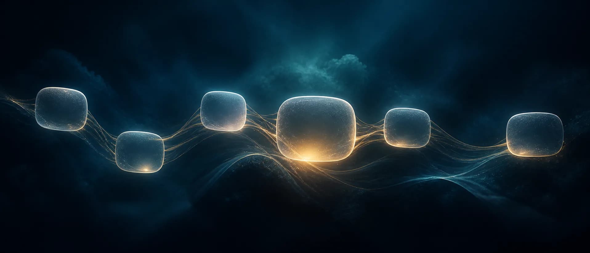A six-node funding ecosystem map. Glass nodes represent career direction, school choice, scholarships, student aid, newcomer pathways, and previously denied cases — connected by glowing golden ribbons over a deep navy depth field.
